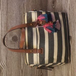 Fossil striped gray and cream canvas satchel bag